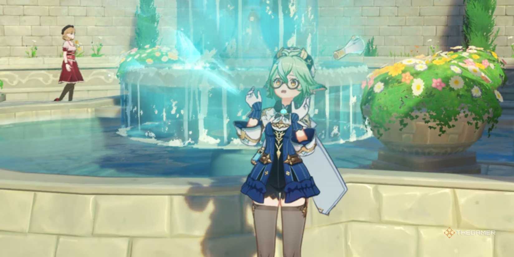 Sucrose from Genshin Impact experiencing a surprisingly alchemic accident.