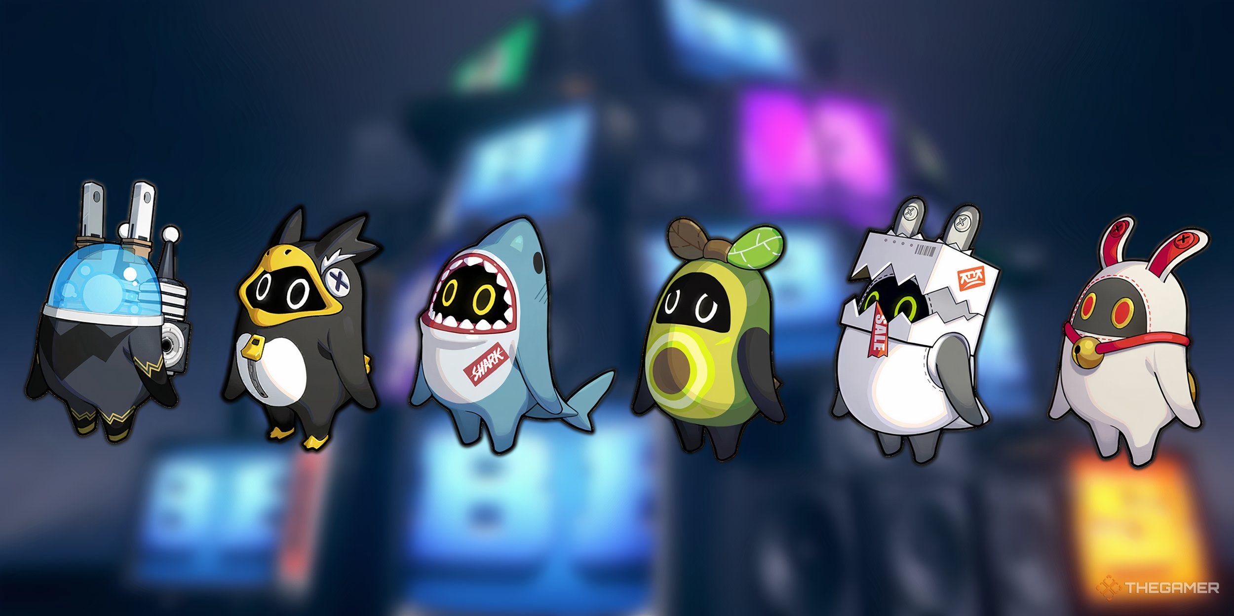 Zenless Zone Zero Bangboo collage of Plugboo, Penguinboo, Sharkboo, Avocaboo, Paperboo, and Luckyboo
