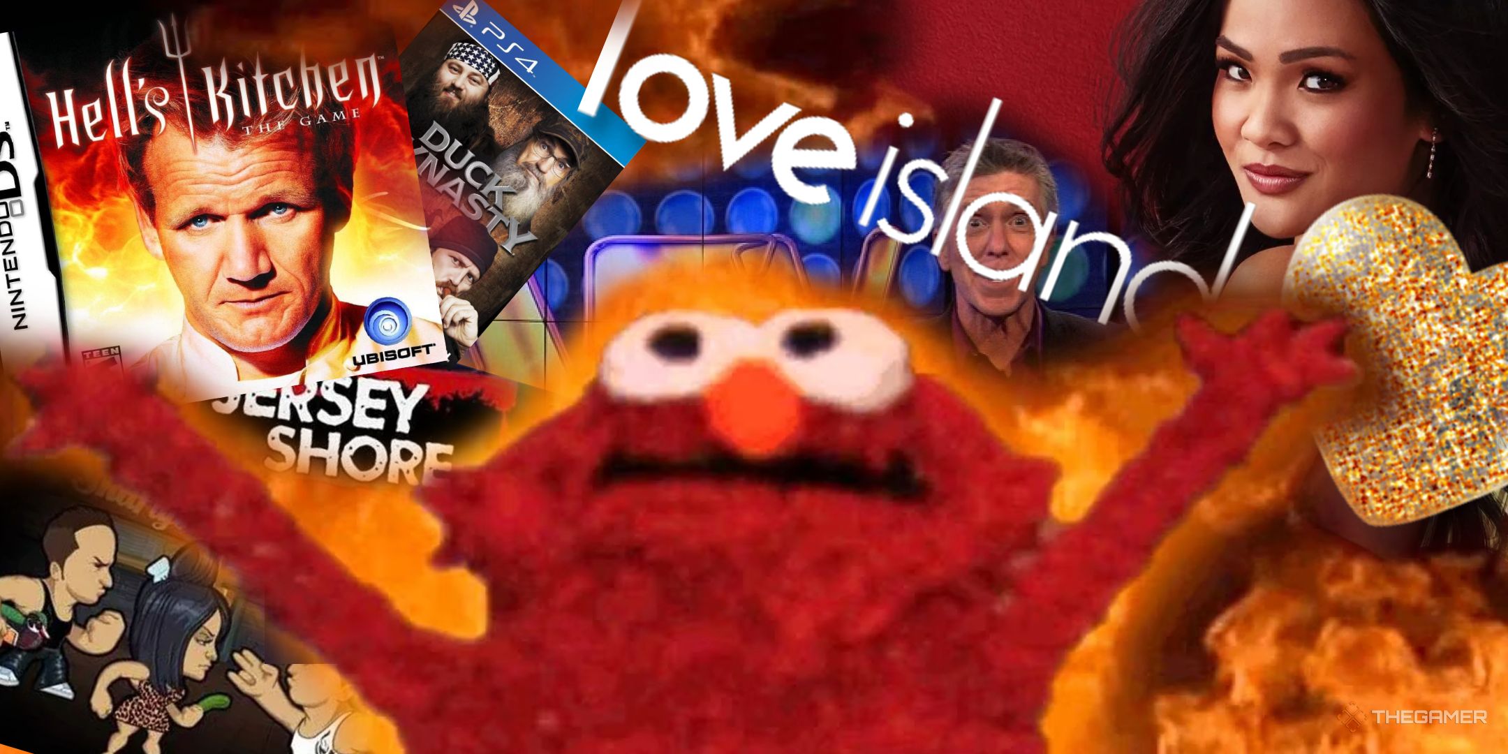 The Flaming Elmo meme presents a variety of reality TV show video games, including Hell's Kitchen DS, Love Island, The Batchelorette, Jersey Shore, and America's Funniest Home Videos.