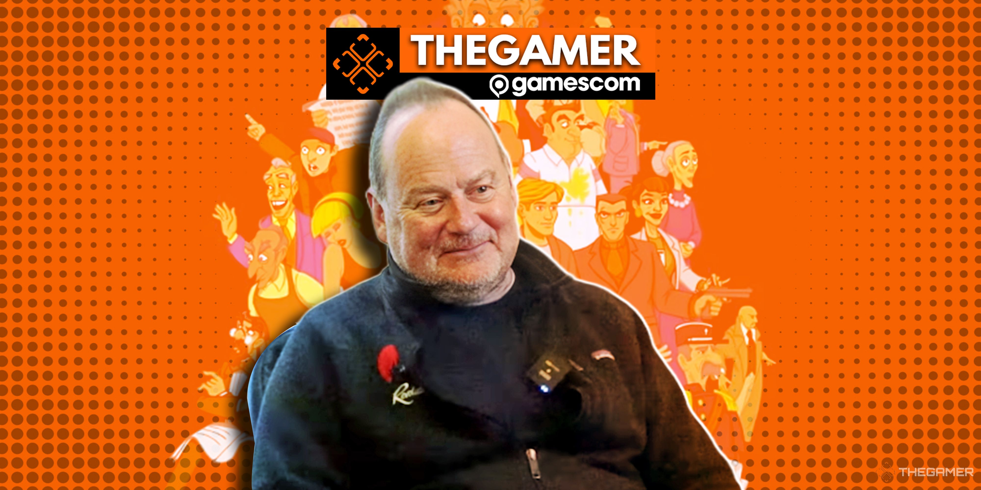 Revolution Software's Charles Cecil with the Gamescom logo above.