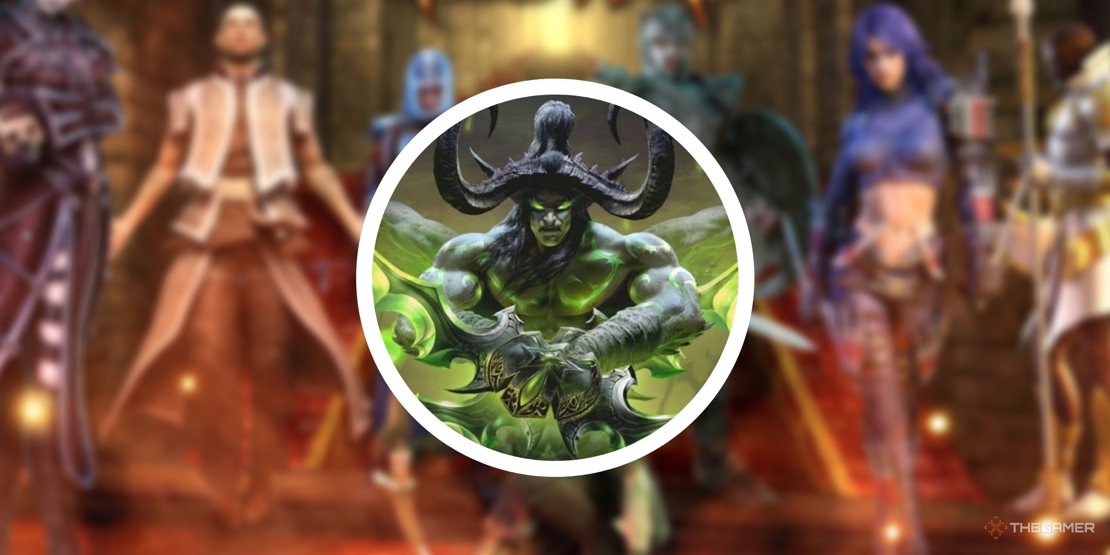 A blurry image of characters from Guild Wars, with a circle PNG showing promotional art from World of Warcraft.