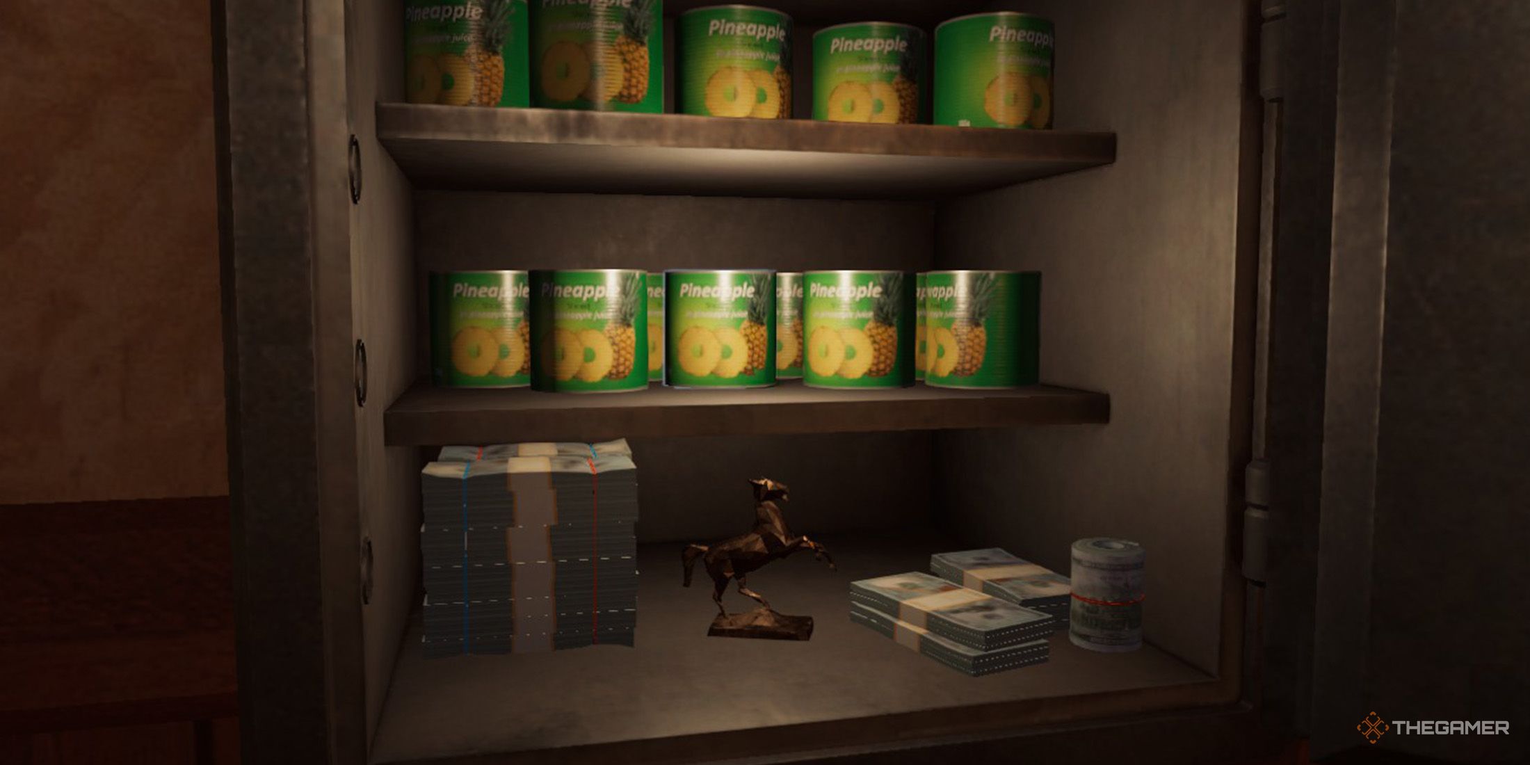 A safe filled with money and pineapple cans in Crime Scene Cleaner.