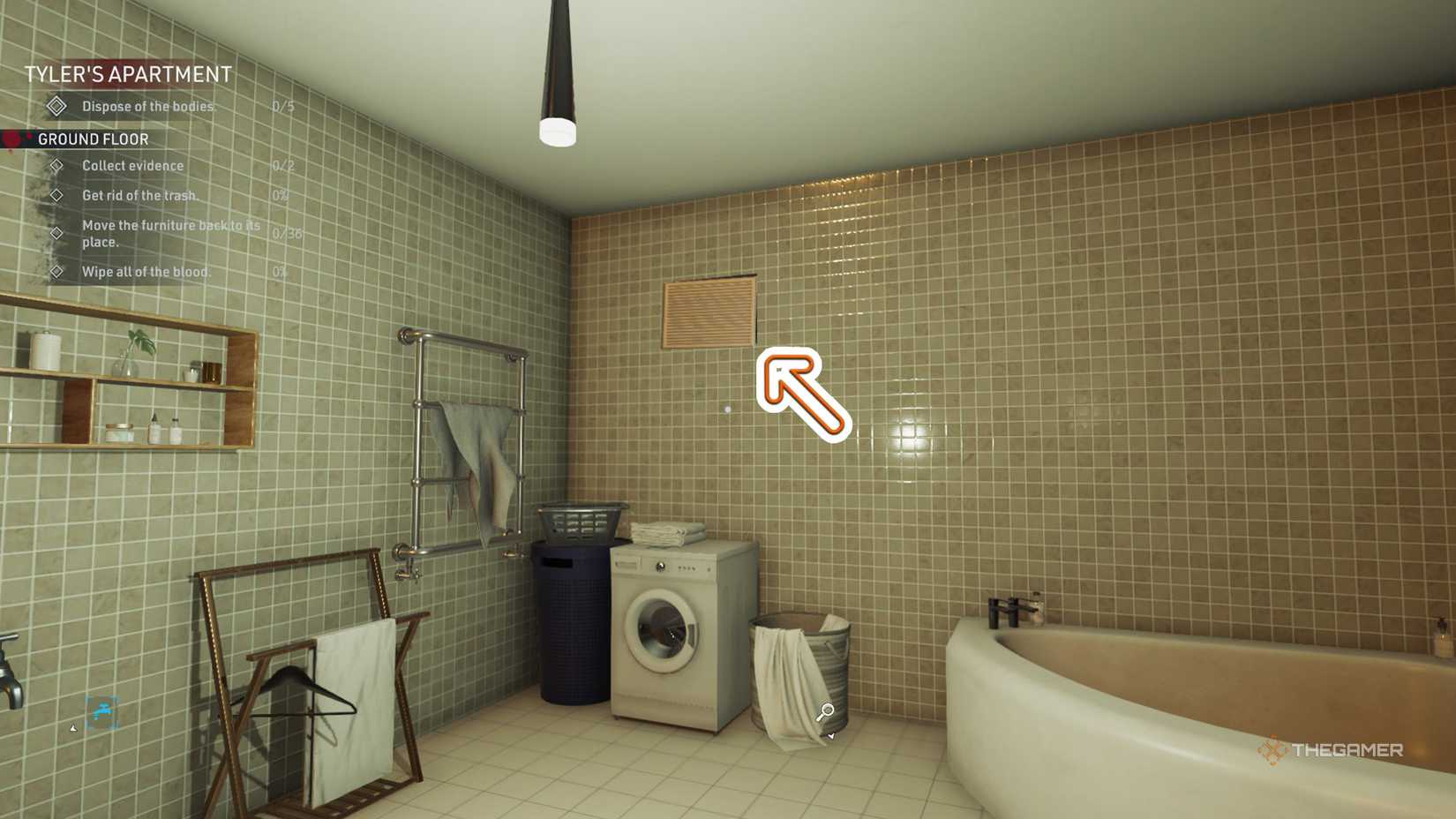 An orange arrow shows the location of a vent shaft cover in Crime Scene Cleaner.