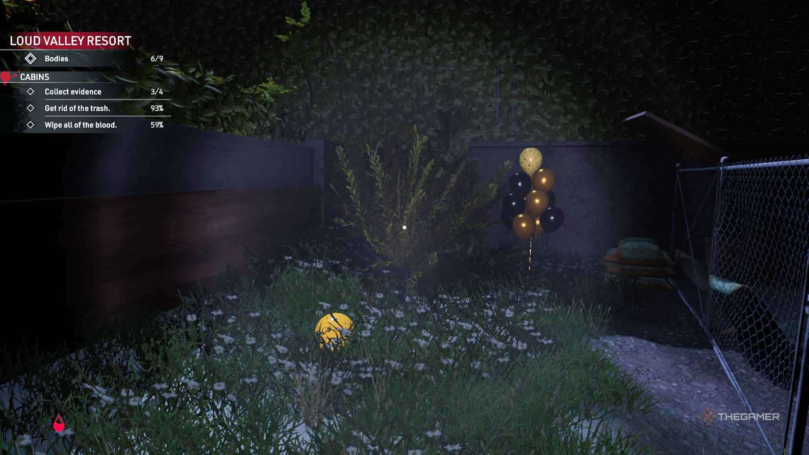 Kovalsky looks at a bush that is next to the balloons in Crime Scene Cleaner.