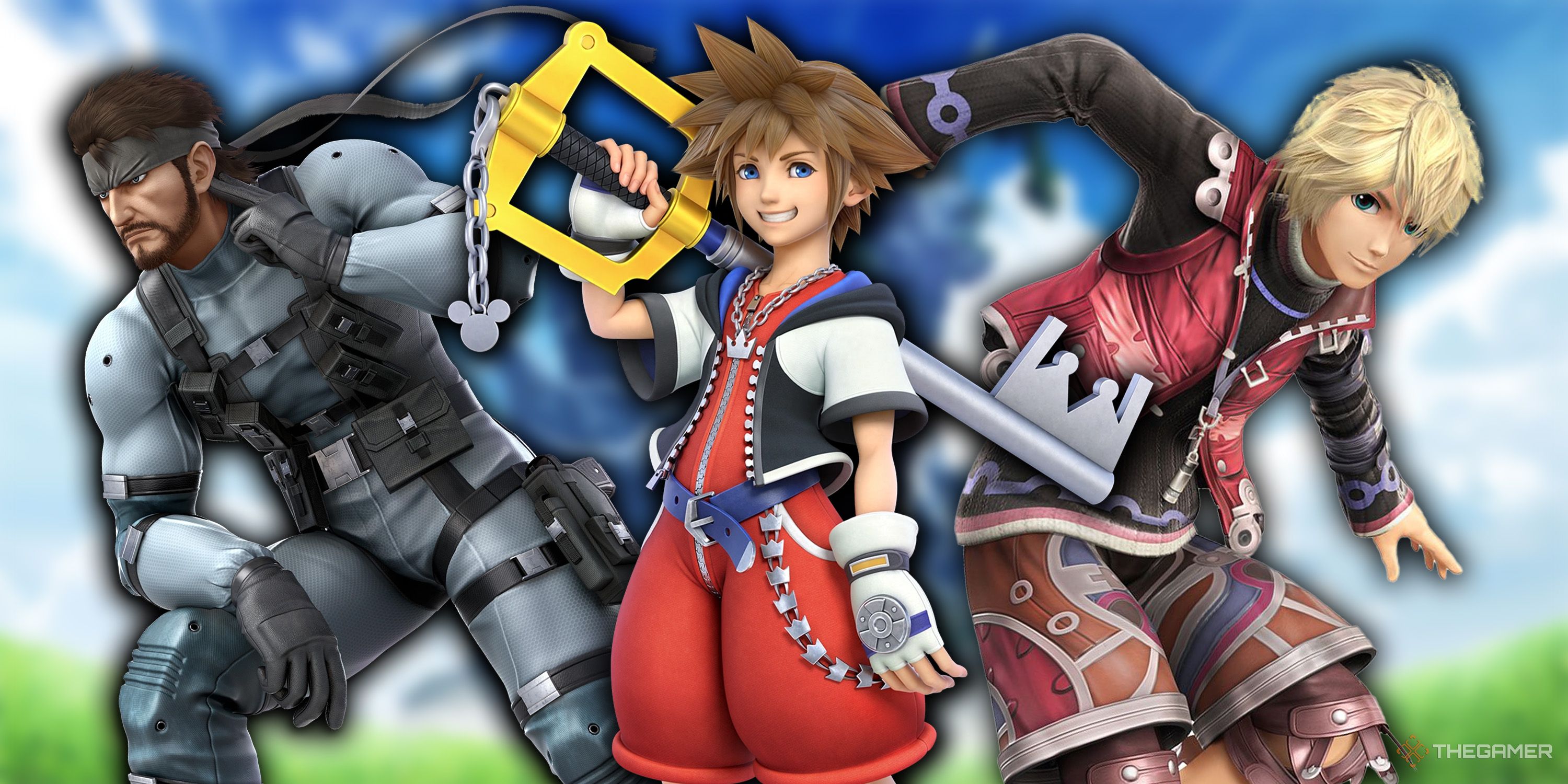 Solid Snake, Sora, and Shulk standing in a field.