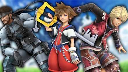 Solid Snake, Sora, and Shulk standing in a field.