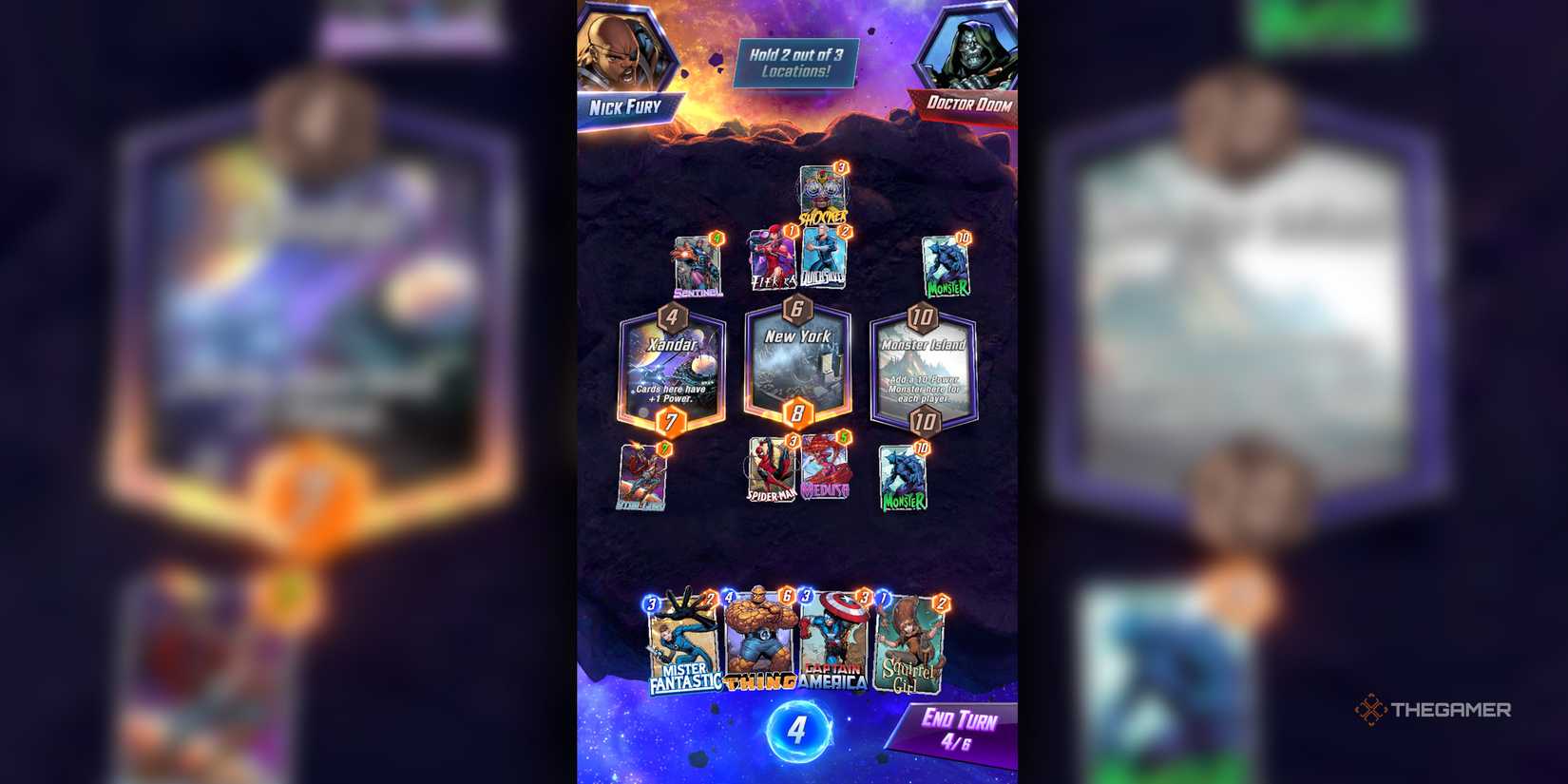 A card game from Marvel Snap in which Spider-Man, Star Lord, Shocker, and other cards are in play.