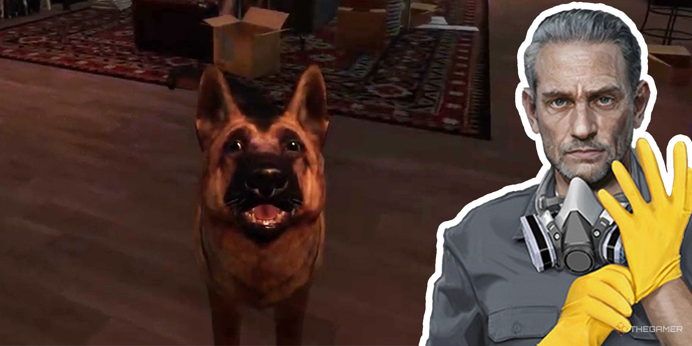 On the right, Kovalsky poses, and on the left, his dog Dexter is there in Crime Scene Cleaner