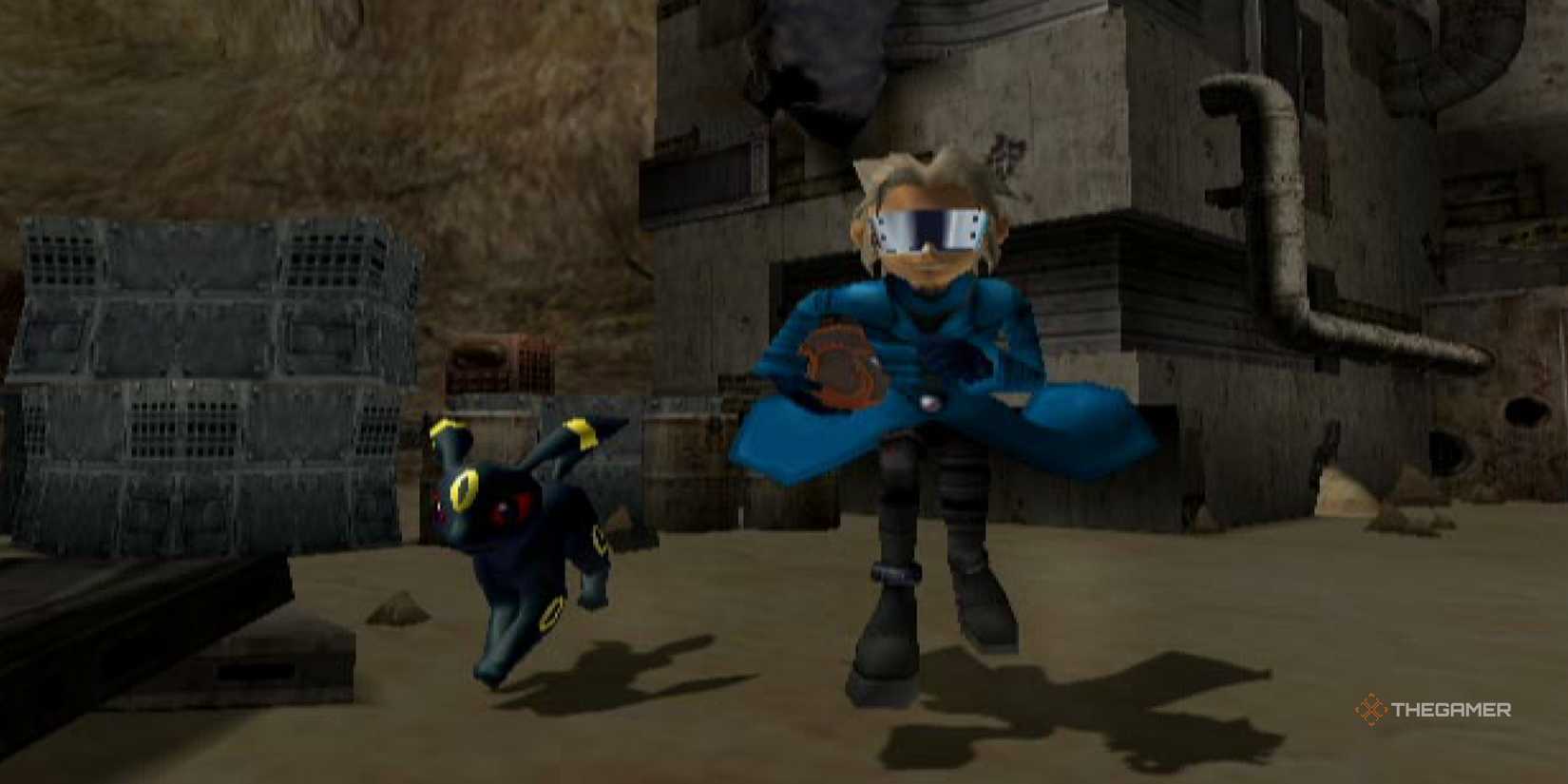 Wes and Umbreon running from Team Snagame's hideout at the Pokemon Colosseum.