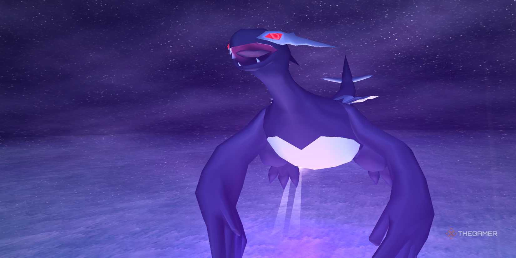 A shadow Lugia flying through the night sky in Pokemon XD: Gale of Darkness.