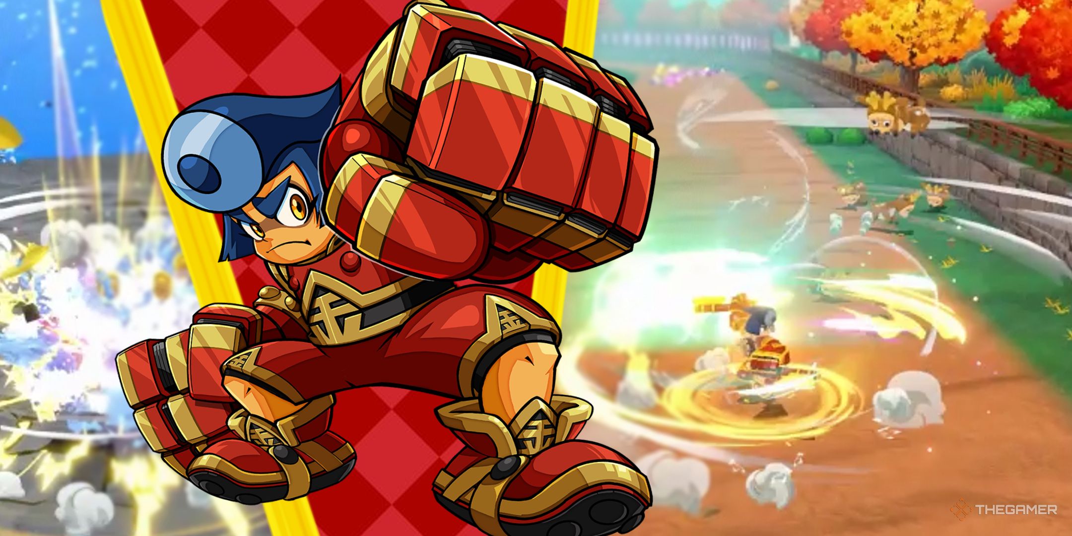 Bakeru, clad in powerful red and gold armor, raises his fists in front of screenshots showing the powerful ability's effects on enemies.