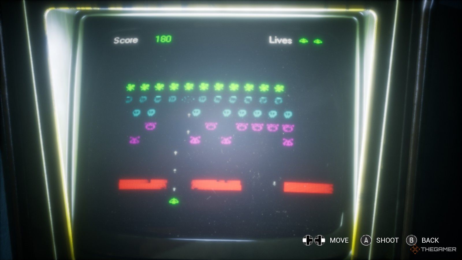 A video game interface, with a Space Invaders-like arcade game, from the game Casting of Frank Stone.