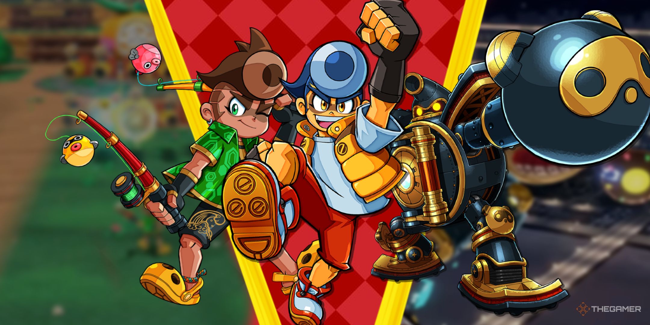 Bakeru in human form, Urashimataro Henge, and the giant robot Bunpuku are shown in front of various blurred screenshots from the game Bakeru.