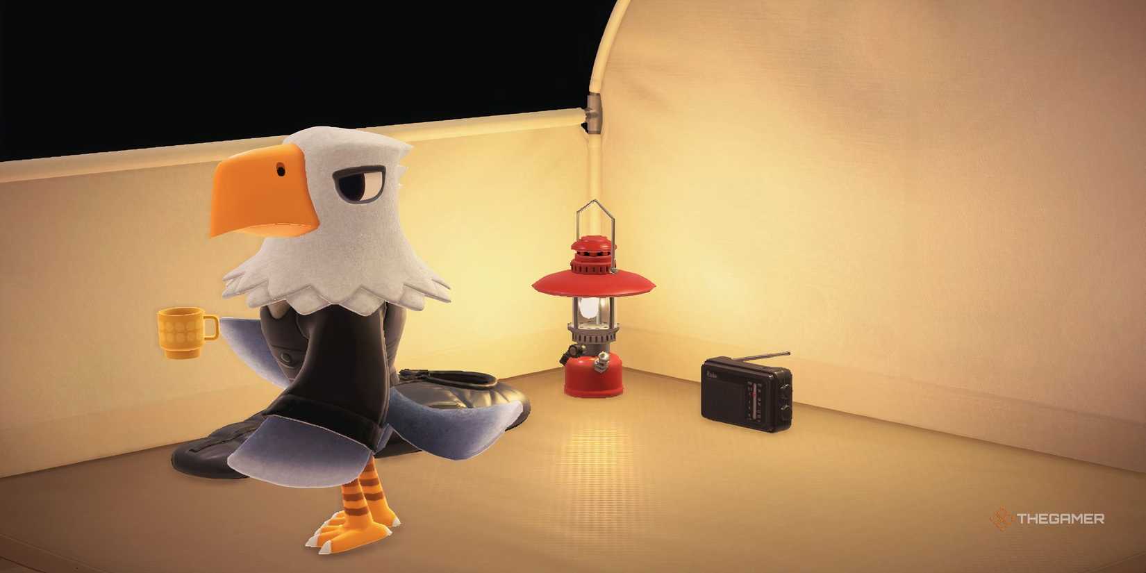 Apollo holding a mug in the campsite in Animal Crossing New Horizons.