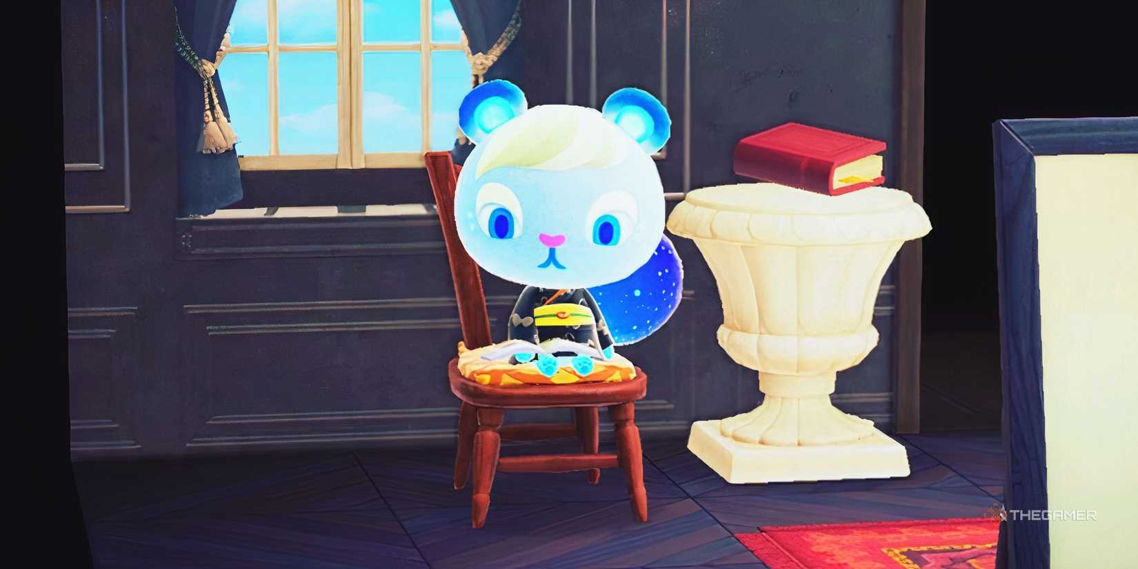 Ione sitting in a wodden chair reading a book in Animal Crossing New Horizons.
