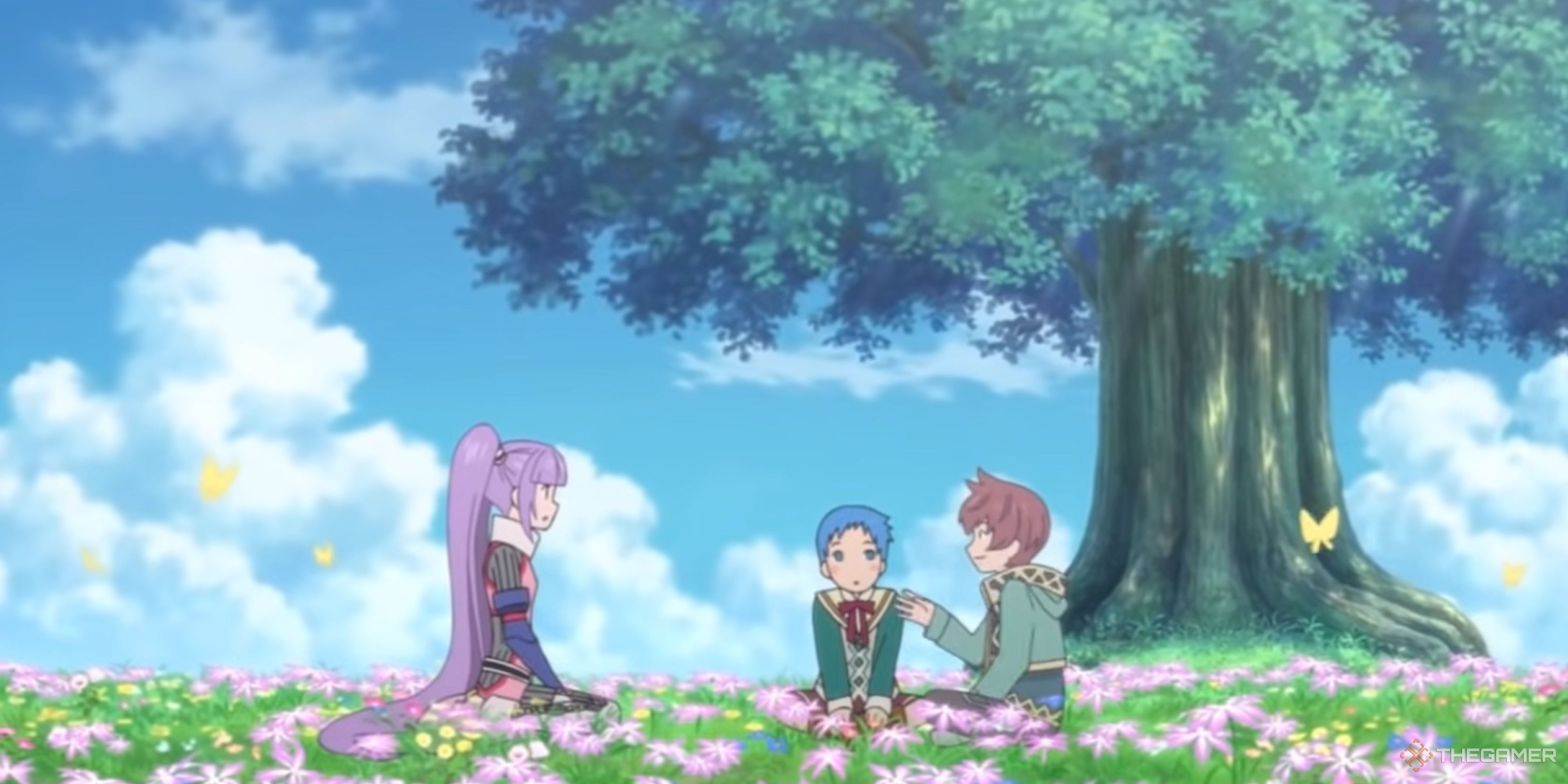 Asbel, Sophie, and Hubert sit under a tree in a flower garden as children in the Tale of Gracious F.