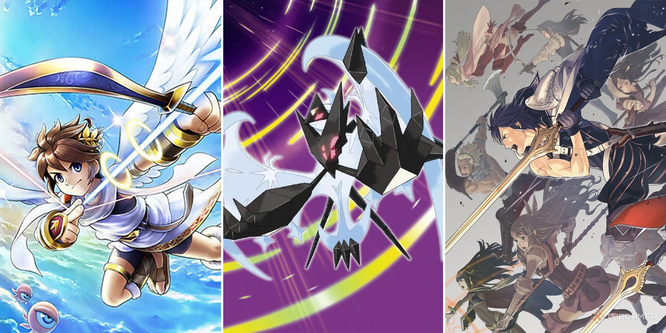 A split image featuring the cover art for Kid Icarus: Uprising, Pokemon Ultra Moon, and Fire Emblem Awakening.
