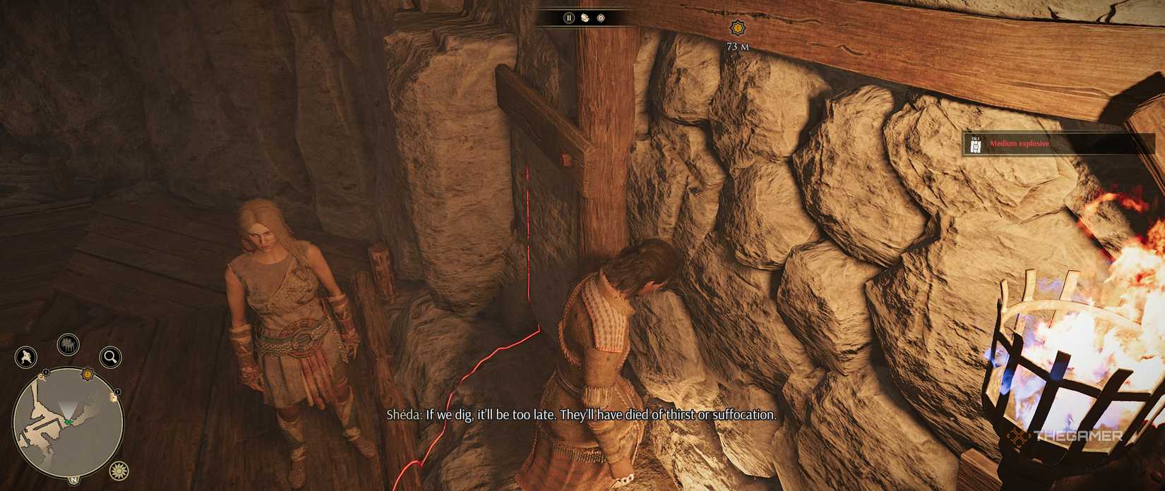 Blowing up a wall of rubble in Greedfall 2.