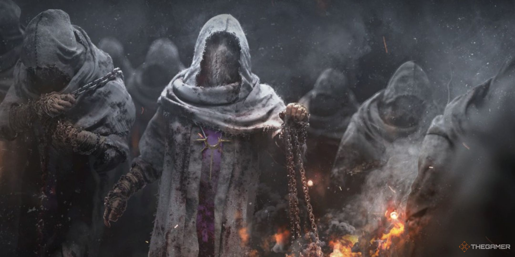 In Frostpunk 2, hooded religious figures riot in the streets, burning incense.