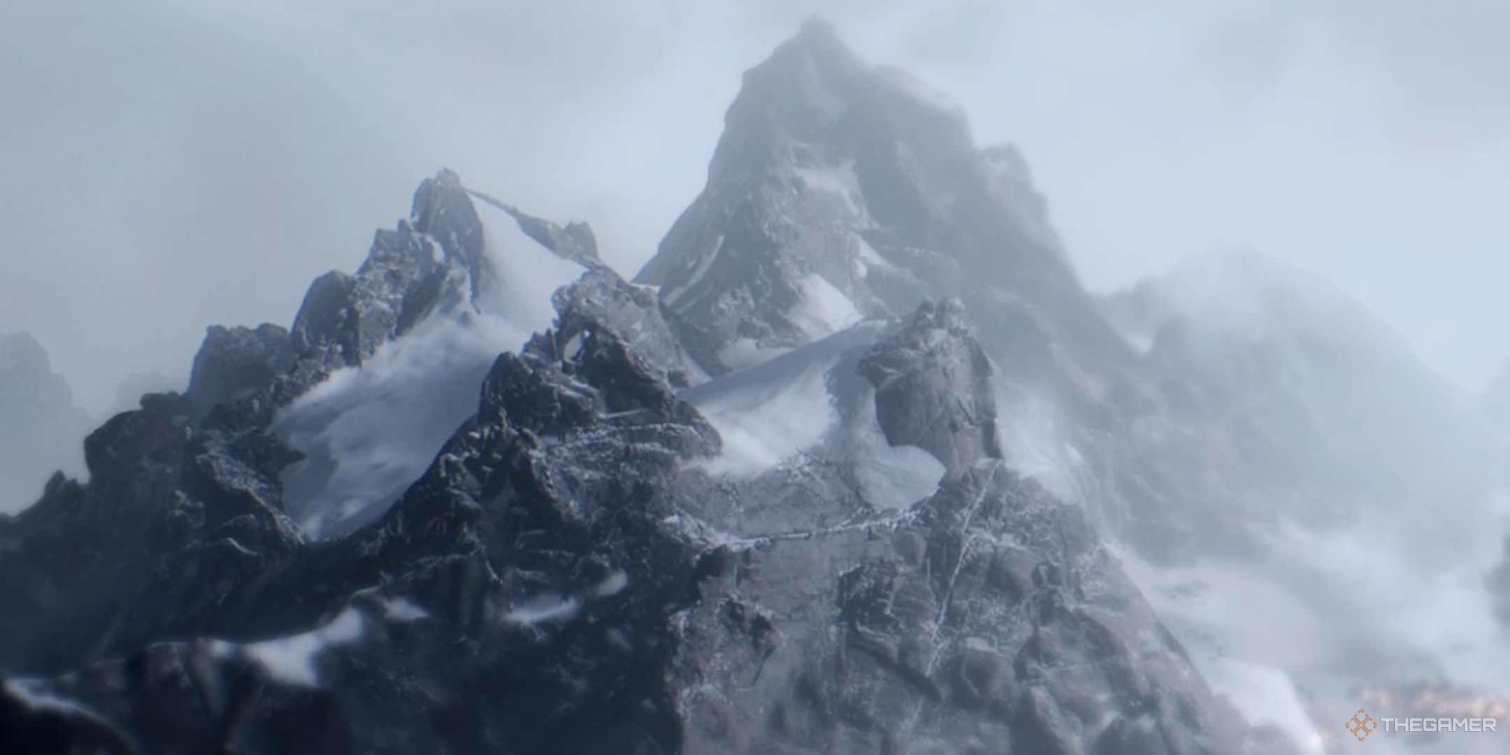 The mountains of Windswept Peaks appearing on the Utopia Builder loading screen in Frostpunk 2.