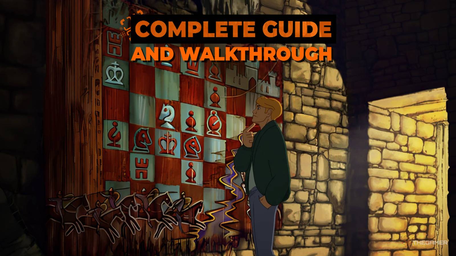 George lookling at a chess tapestry in Broken Sword Reforged.