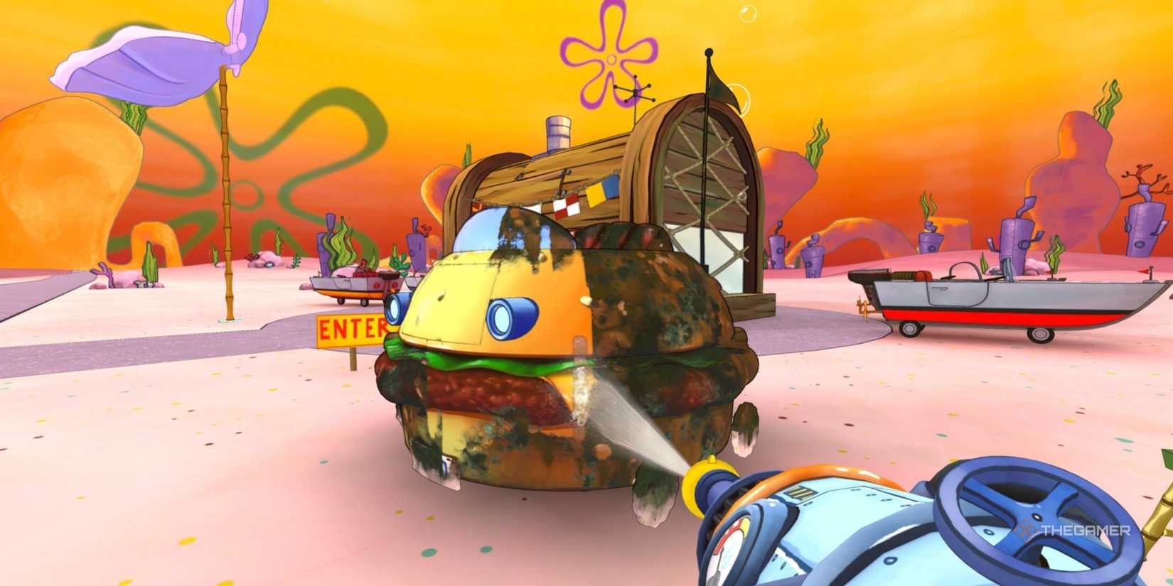 Cleaning is taking place in the Spongebob DLC for Powerwash Simulator.