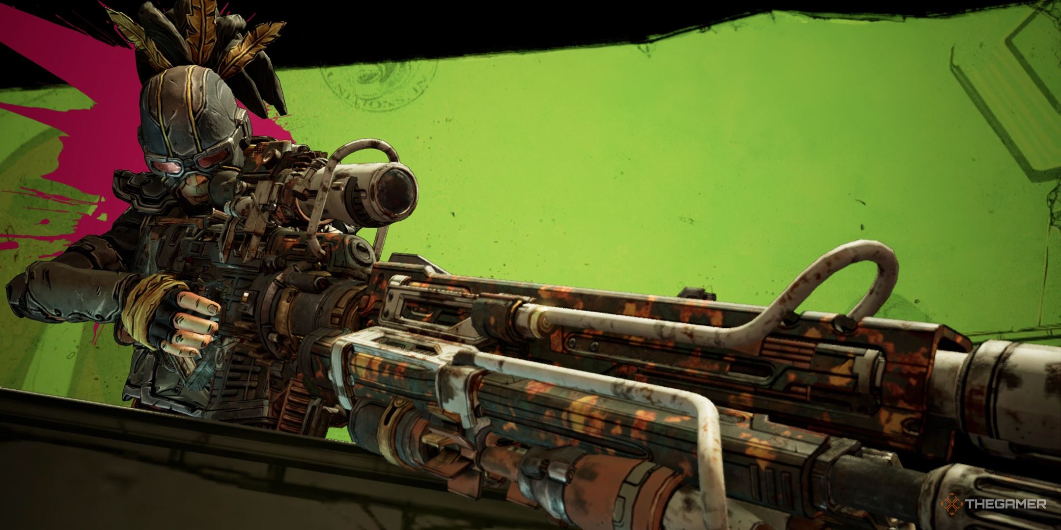 Mordecai pointing a sniper over a green background in Borderlands 3