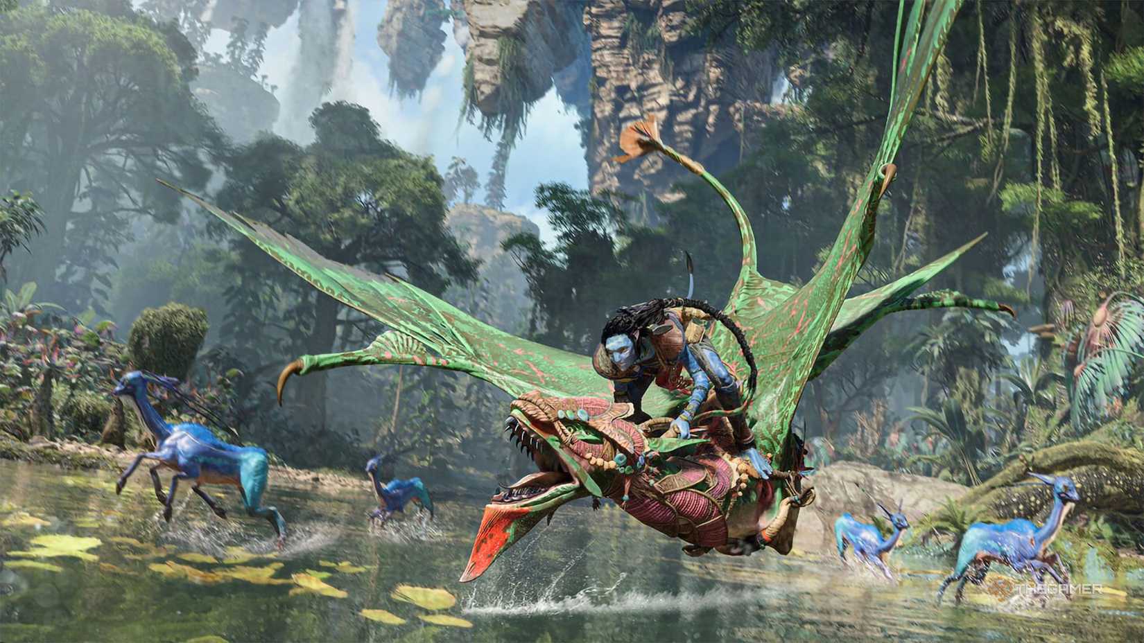A Na'vi flying a banshee in Avatar: Frontiers of Pandora.