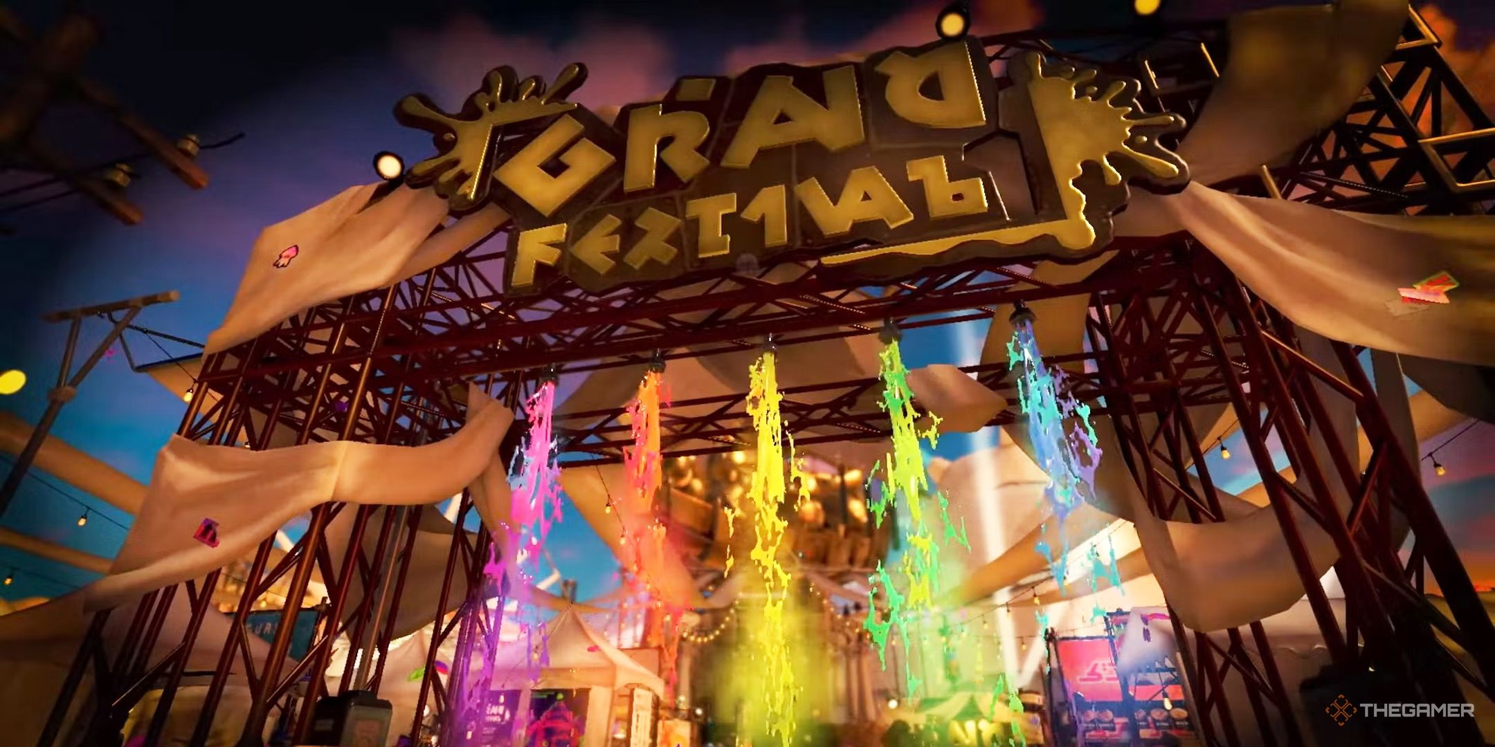 Splatoon 3 Grand Festival stage with five different coloured ink splatters shooting into the air