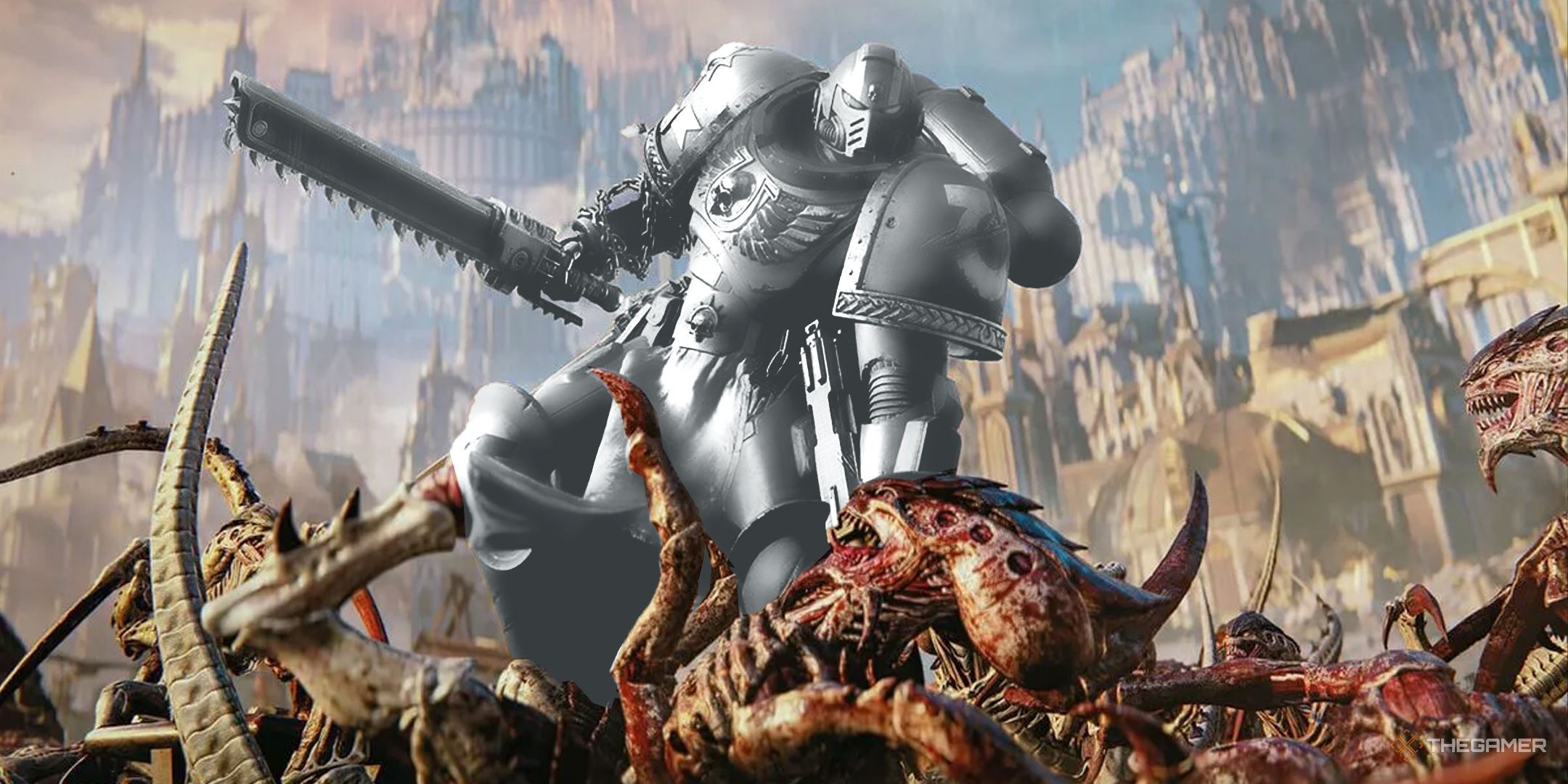 Warhammer 40K Space Marine 2 player fighting a horde of bugs bug the Space Marine is grey and unpainted
