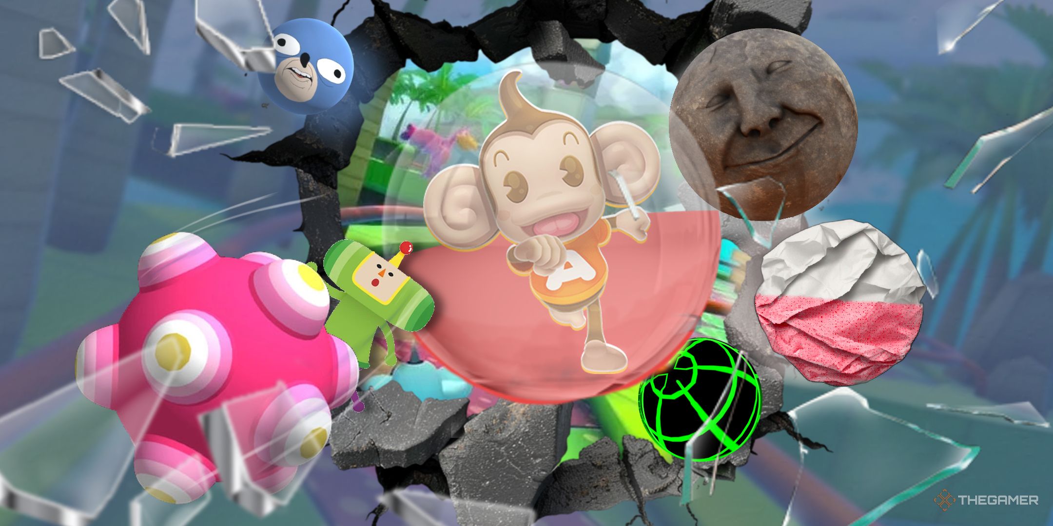 Aiai, Prince Katamari, Sanic, The Boulder, and a variety of other orbs roll toward the camera in front of a broken hole in the wall behind them, as glass shards lunge toward the camera.