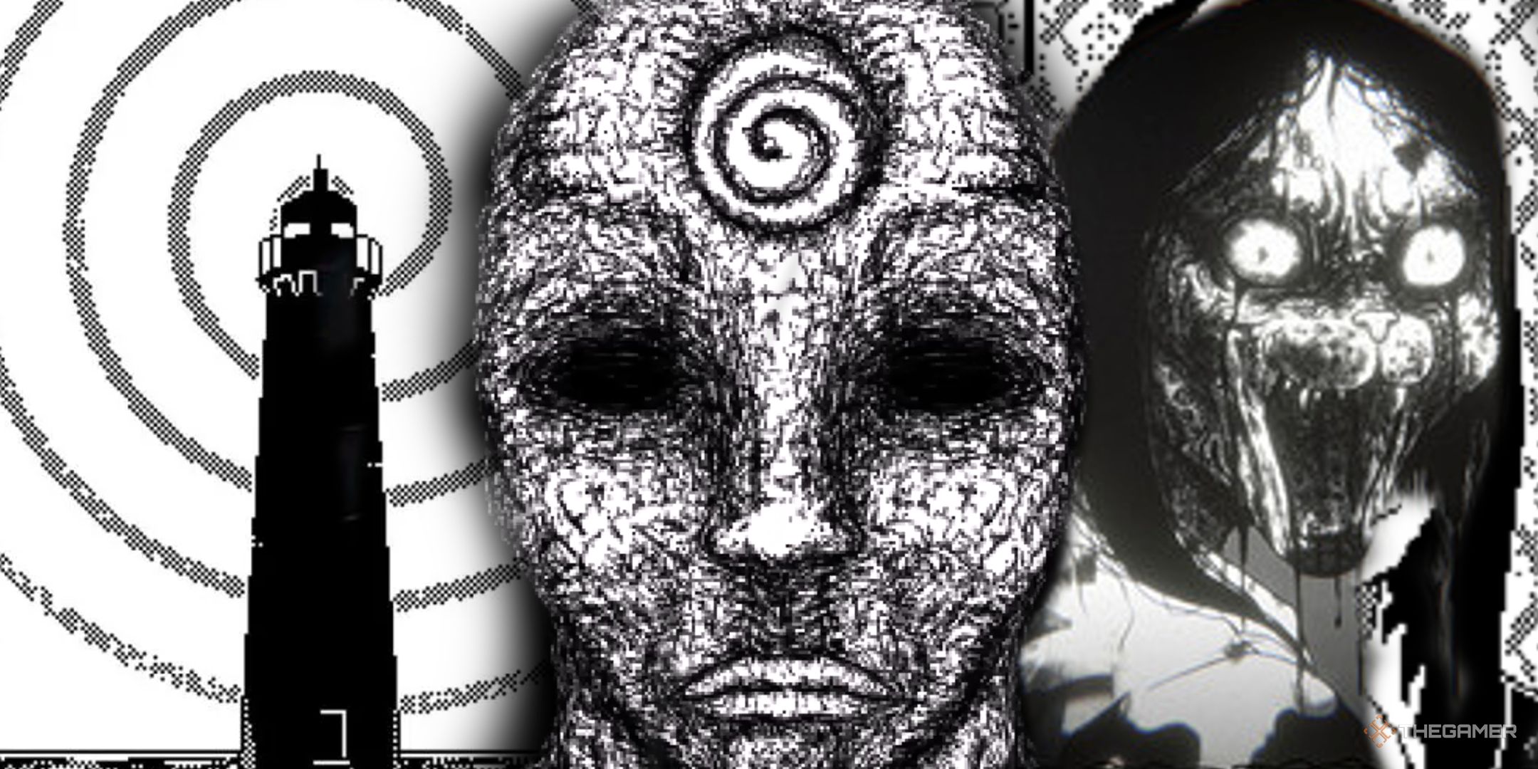 Split image showing a black lighthouse with a spiral behind it, a man with a spiral on his face, and a woman with the head of a cat screaming at the camera.