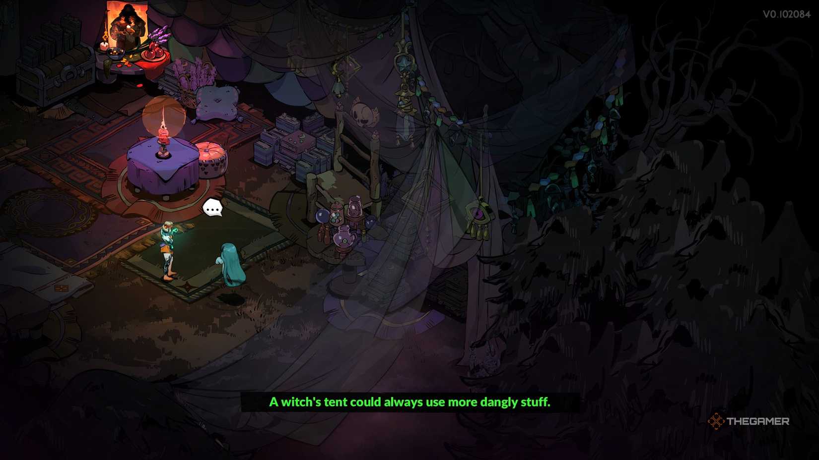 Melinoe decorates her tent with Dora's help in Hades 2.