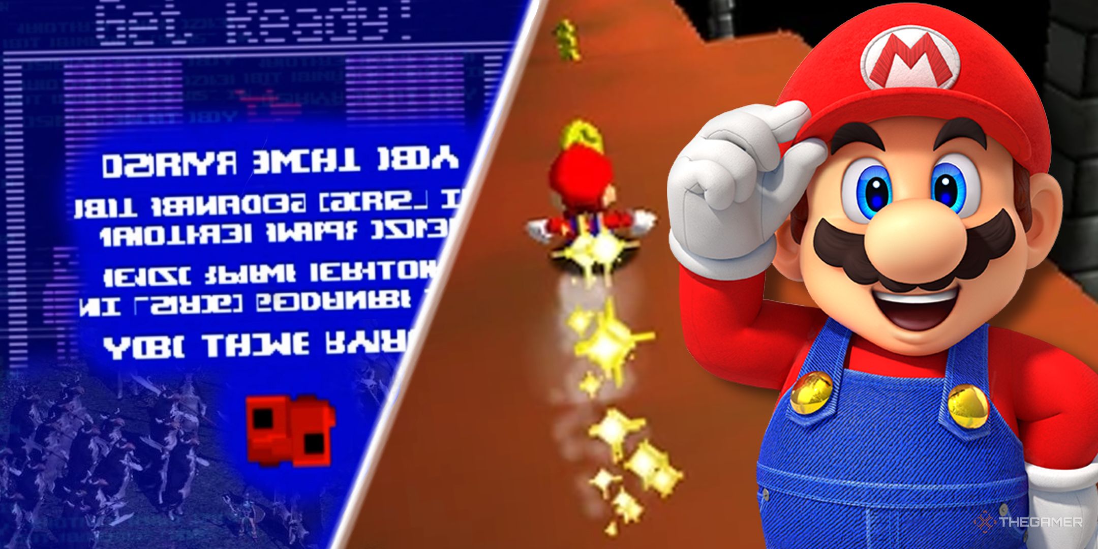 Mario excitedly stands in front of the secret slide from Super Mario 64 and the glitch zone from Super Meat Boy, with other secret stages of gaming history blended into the background.