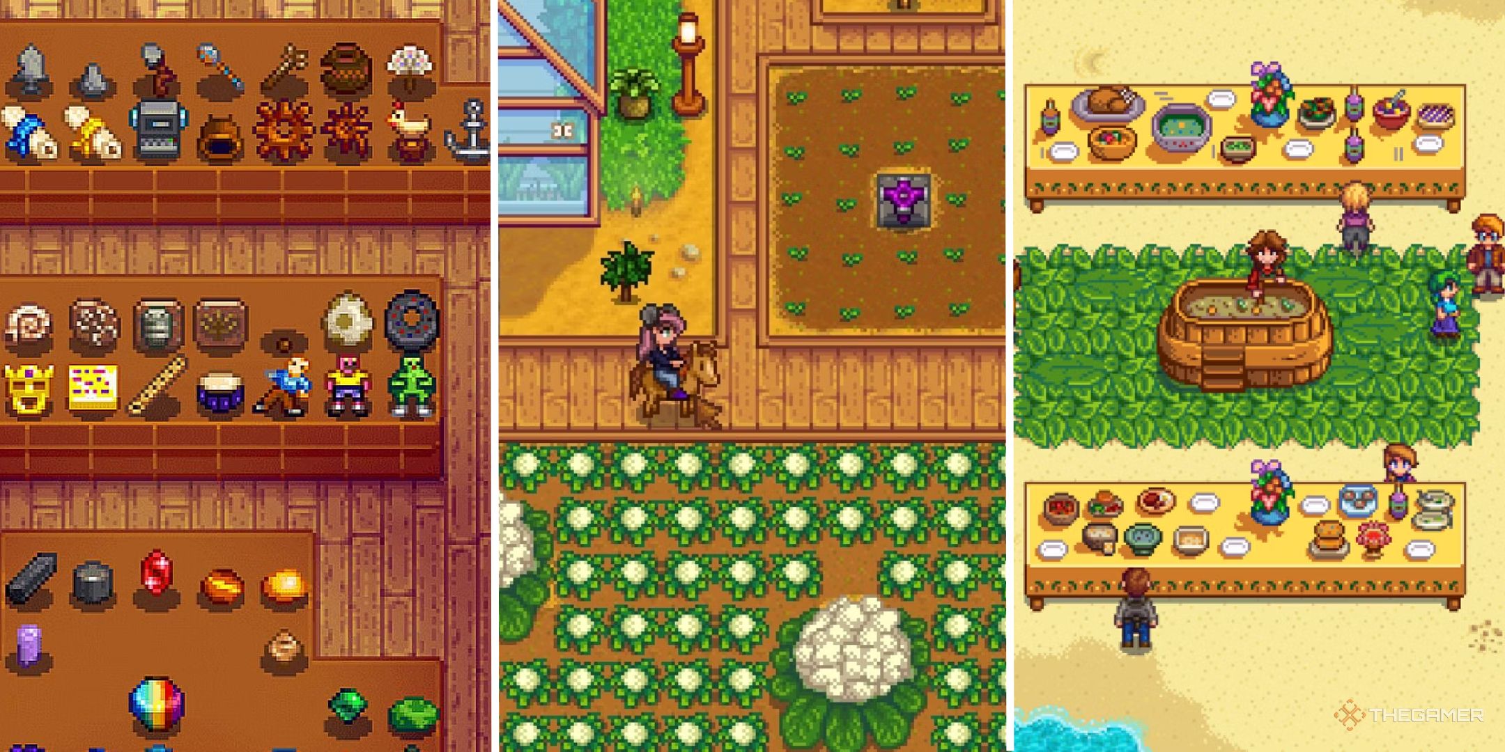 Split image showing three scenes from Stardew Valley (luau, giant crop, museum).