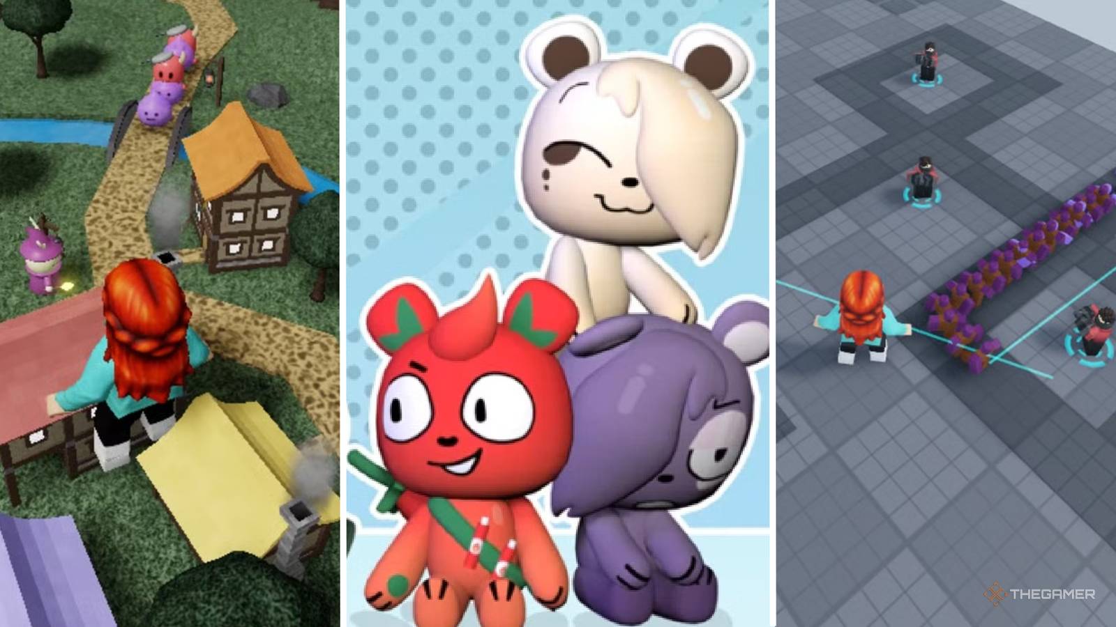 A split image showing three tower defense games on Roblox.