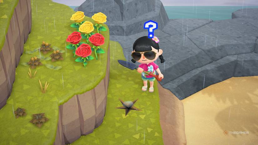 A smoking gyroid site on the rainy island of ACNH Kapp'n.