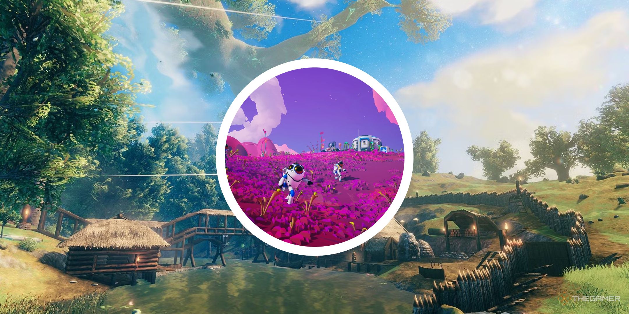 An image of a base in Valheim with a circle PNG of Astroneer.