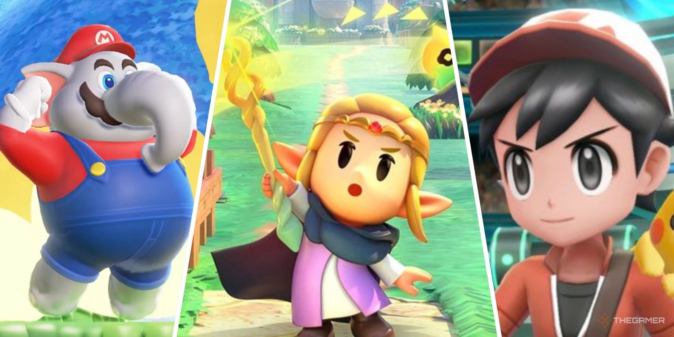 elephant mario in wonder, zelda in echoes of wisdom, and trainer in let's go pikachu
