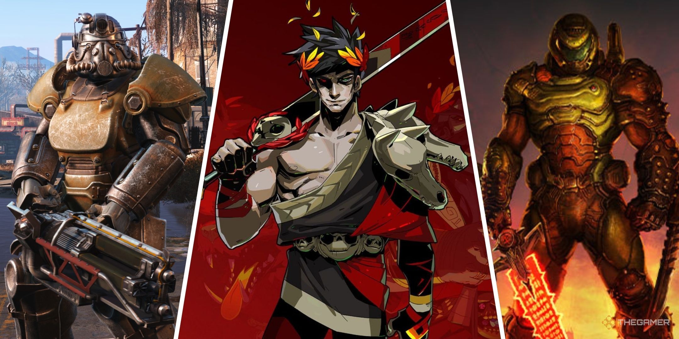 someone wearing power armor in fallout 4, zagreus in hades, and doomguy in doom eternal.