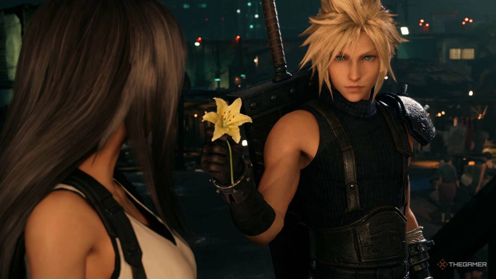 Cloud offers Tifa the flower e bought from Aerith in Final Fantasy 7 Remake.