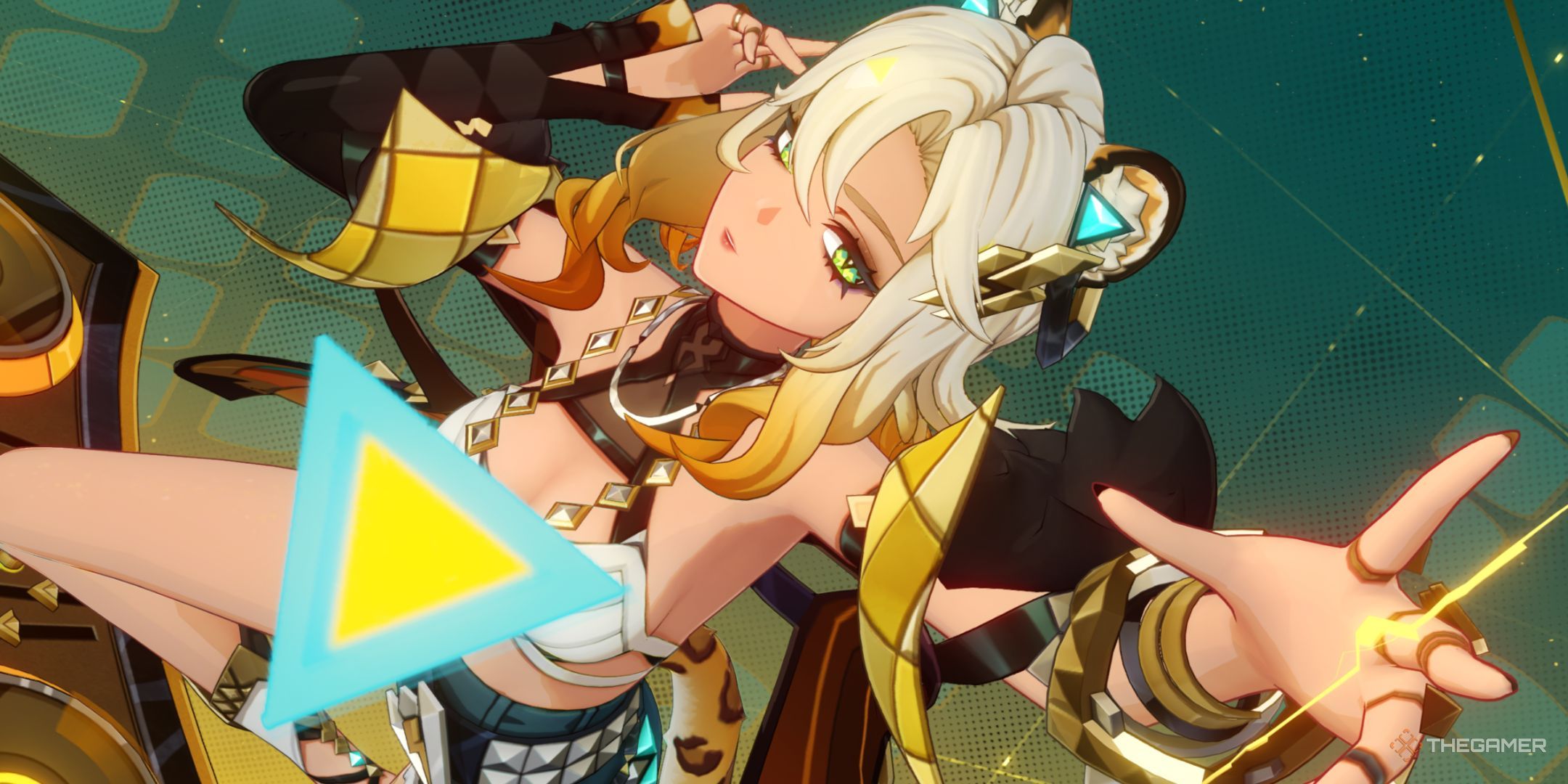 Xilonen from Genshin Impact with an arm up in the air and another on her ear as she plays a song during her Elemental Burst.