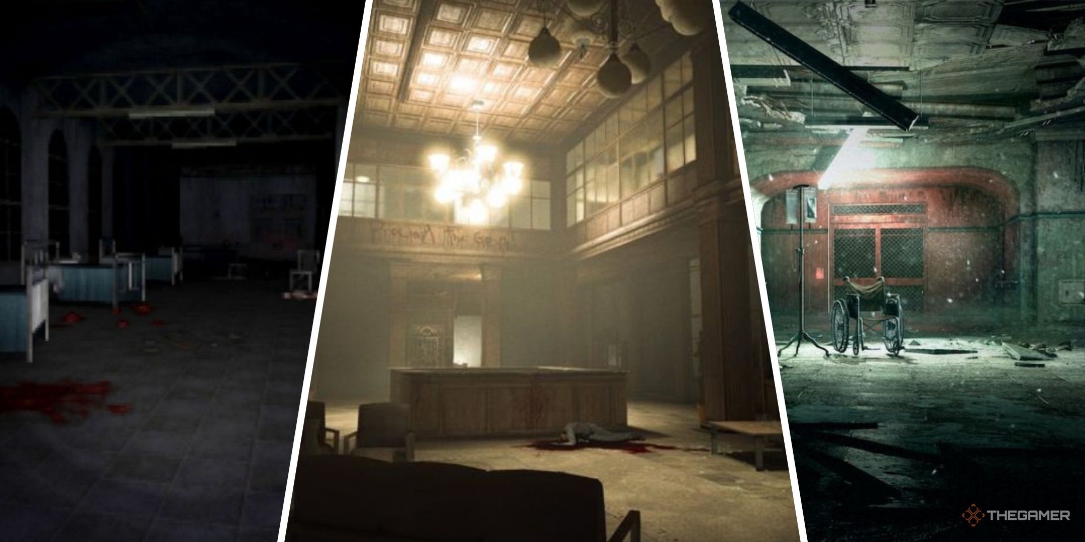 A collage showing a dark hospital room from Dementium The Ward, the lobby entrance to Mount Massive Asylum from Outlast, and a wheelchair at Beacon Mental Hospital from Inside The Evil.