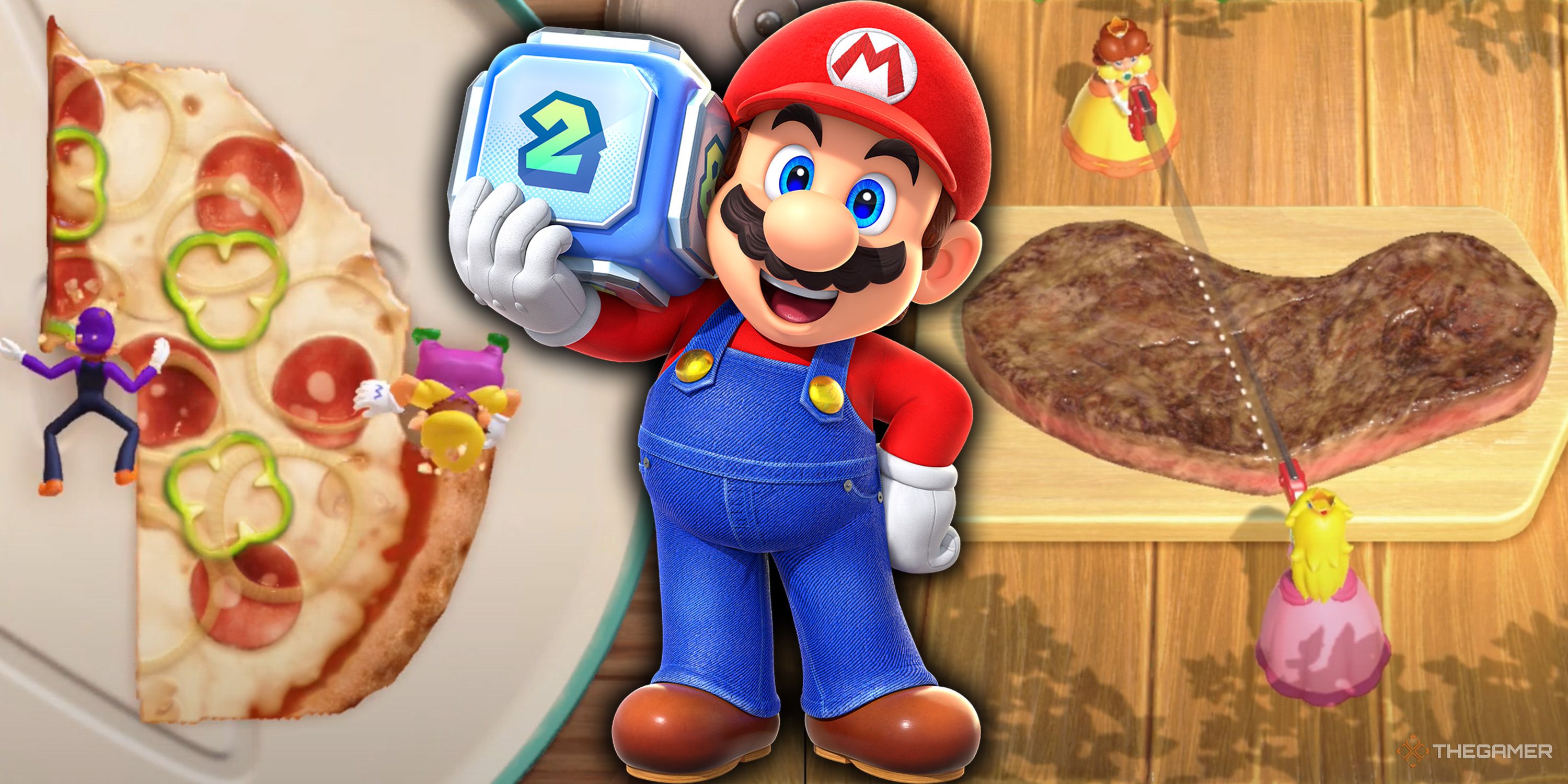 A split image of Mario Party, showing Wario and Waluigi eating pizza, Mario holding a dice block, and Peach and Daisy cutting a steak.
