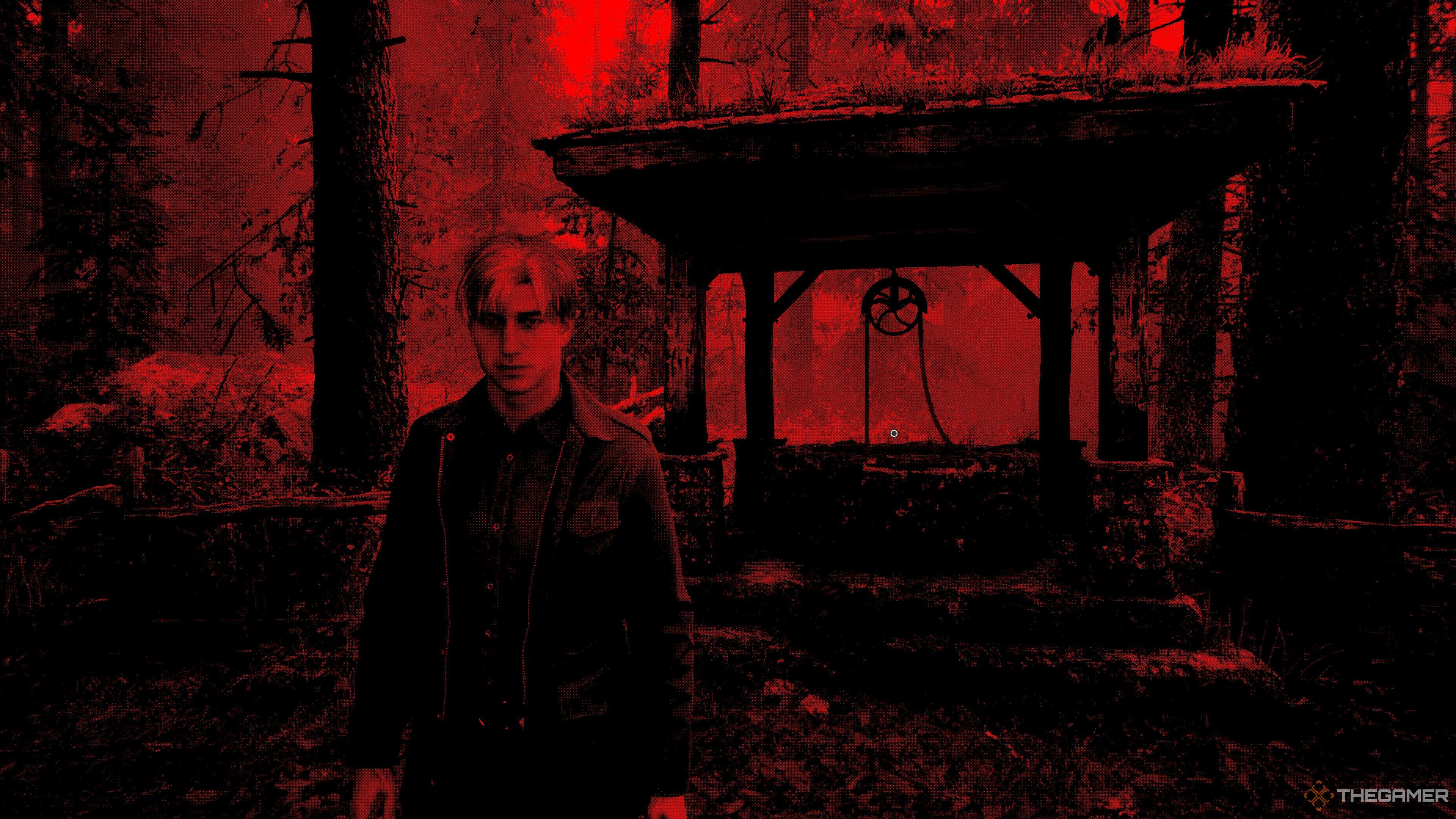 The red dithering filter in silent hill 2 remake, with James standing by a well.