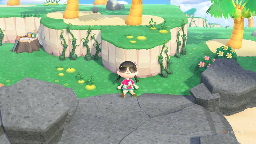 Villager sitting near cliff on moss and vine ACNH Kapp'n island.