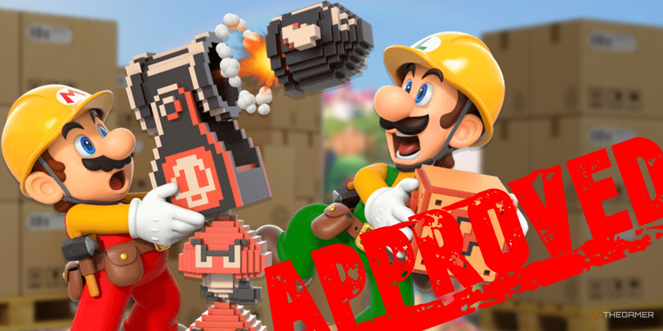 Mario shoots a Bullet Bill at Luigi on accident in the workplace, with a red stamp reading 