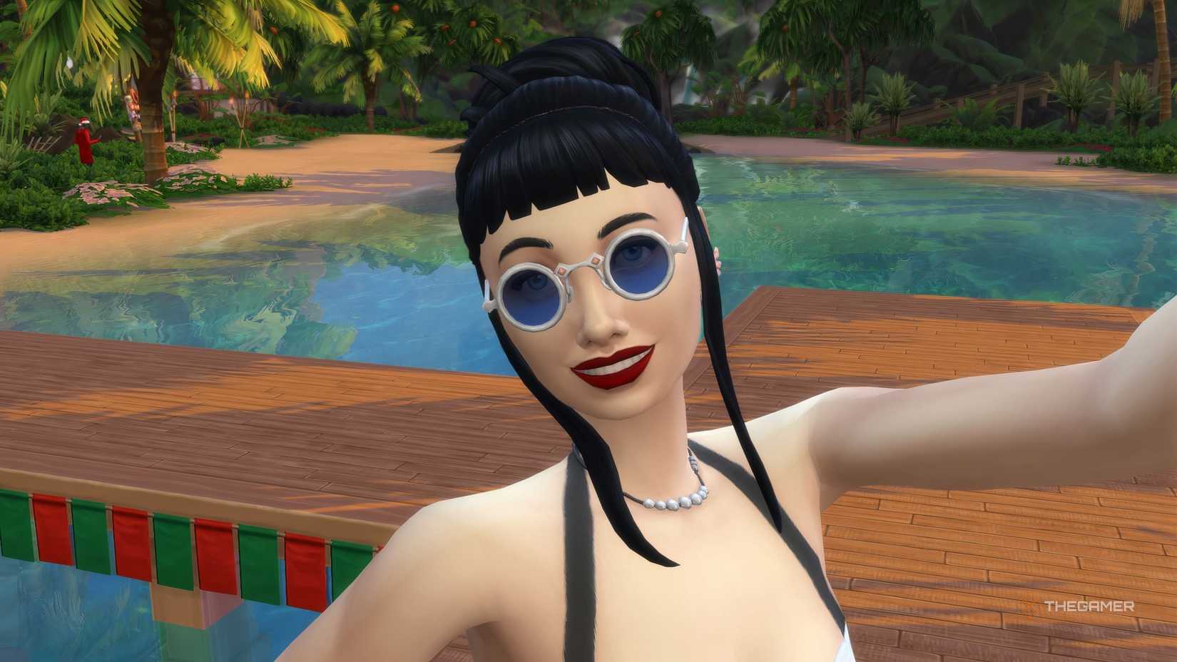 A Sim takes a selfie on a pier in Sulani in The Sims 4.