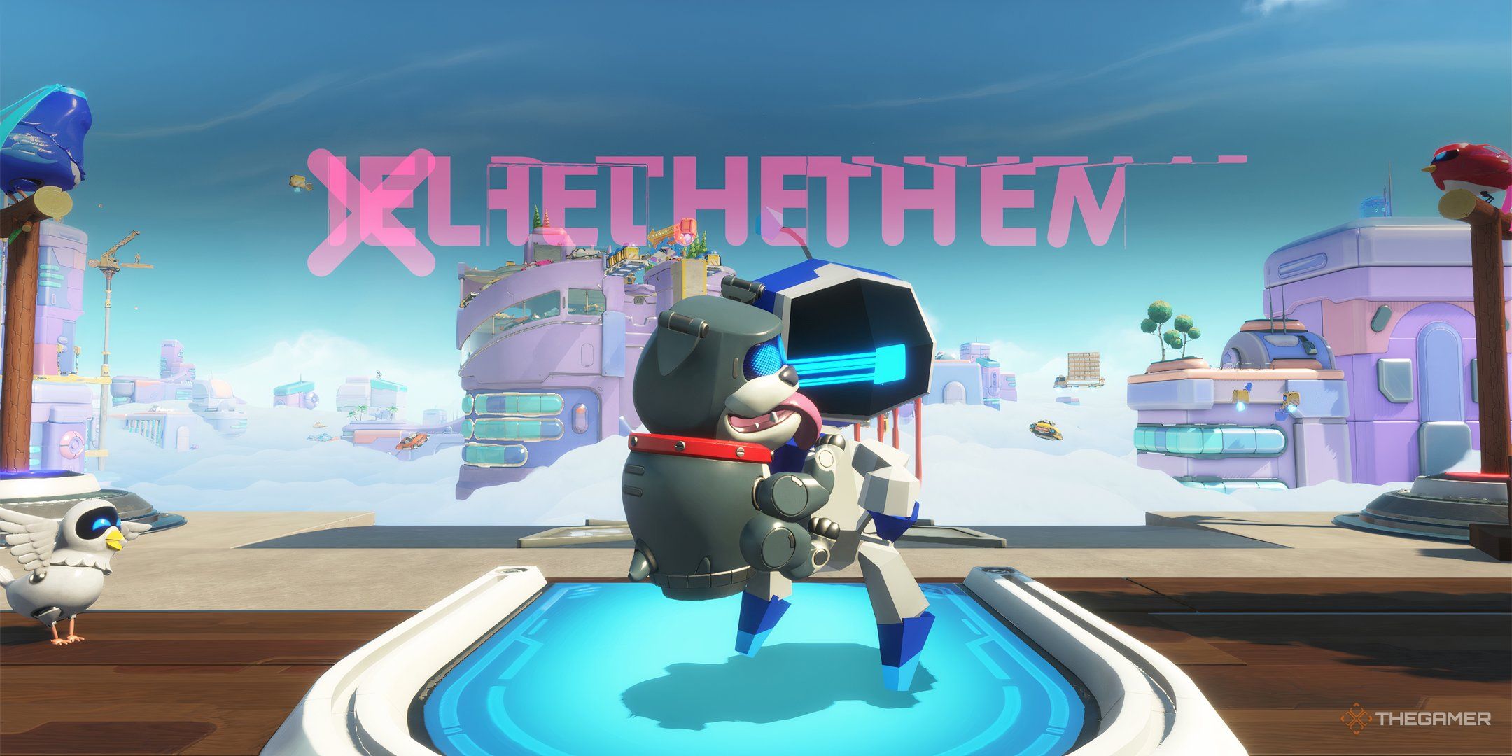 Astro Bot turning back and looking at the screen at the beginning of Building Speed while wearing the Bulldog Dash on his back.