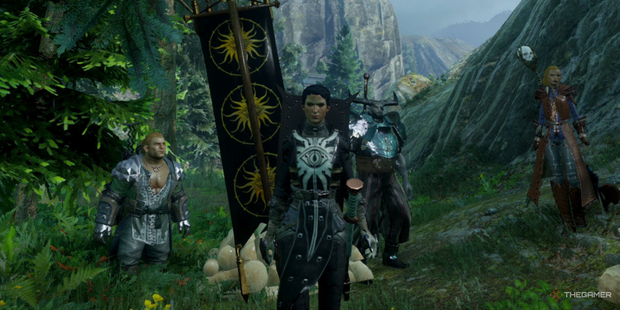 Dragon Age Inquisition screenshot of Cassandra and the party standing at logging stand.